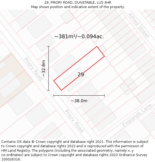 29, PRIORY ROAD, DUNSTABLE, LU5 4HR: Plot and title map