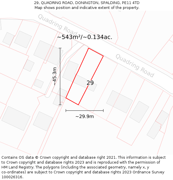 29, QUADRING ROAD, DONINGTON, SPALDING, PE11 4TD: Plot and title map