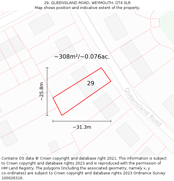 29, QUEENSLAND ROAD, WEYMOUTH, DT4 0LR: Plot and title map