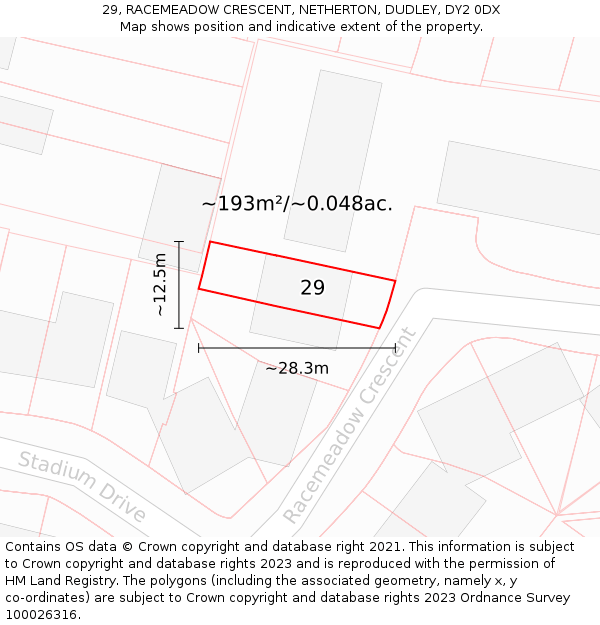 29, RACEMEADOW CRESCENT, NETHERTON, DUDLEY, DY2 0DX: Plot and title map