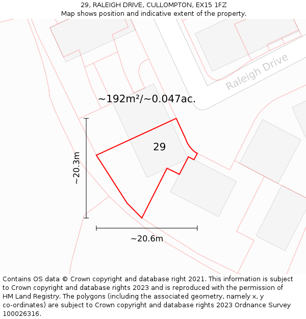 29, RALEIGH DRIVE, CULLOMPTON, EX15 1FZ: Plot and title map