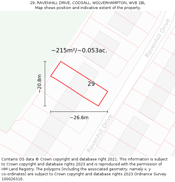 29, RAVENHILL DRIVE, CODSALL, WOLVERHAMPTON, WV8 1BL: Plot and title map