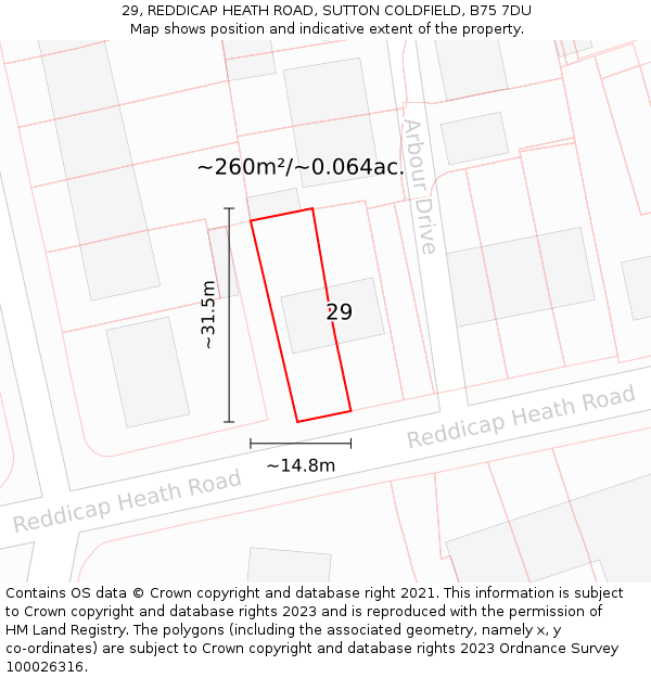 29, REDDICAP HEATH ROAD, SUTTON COLDFIELD, B75 7DU: Plot and title map