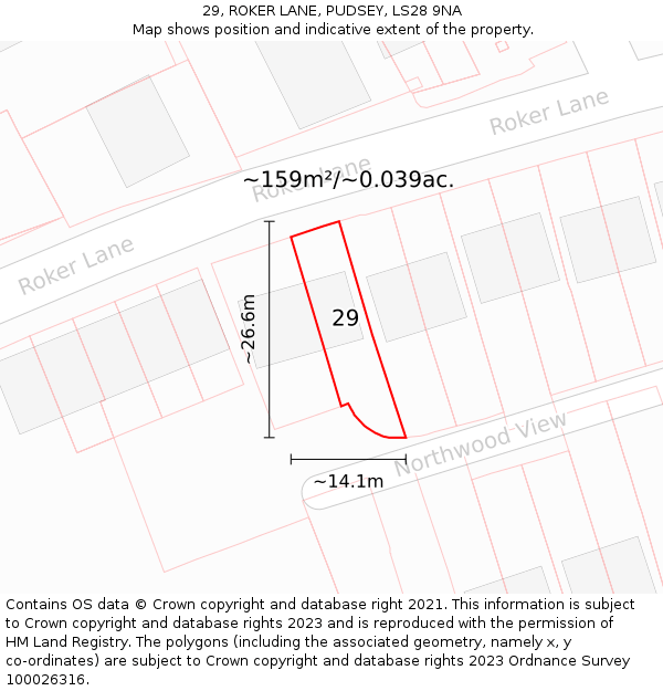 29, ROKER LANE, PUDSEY, LS28 9NA: Plot and title map