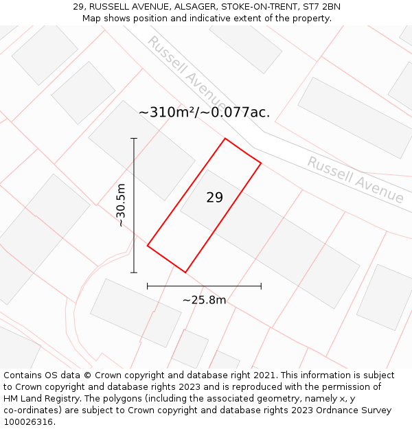 29, RUSSELL AVENUE, ALSAGER, STOKE-ON-TRENT, ST7 2BN: Plot and title map