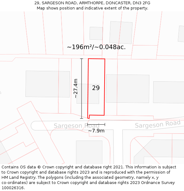 29, SARGESON ROAD, ARMTHORPE, DONCASTER, DN3 2FG: Plot and title map