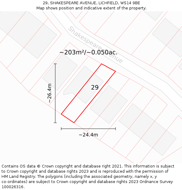 29, SHAKESPEARE AVENUE, LICHFIELD, WS14 9BE: Plot and title map