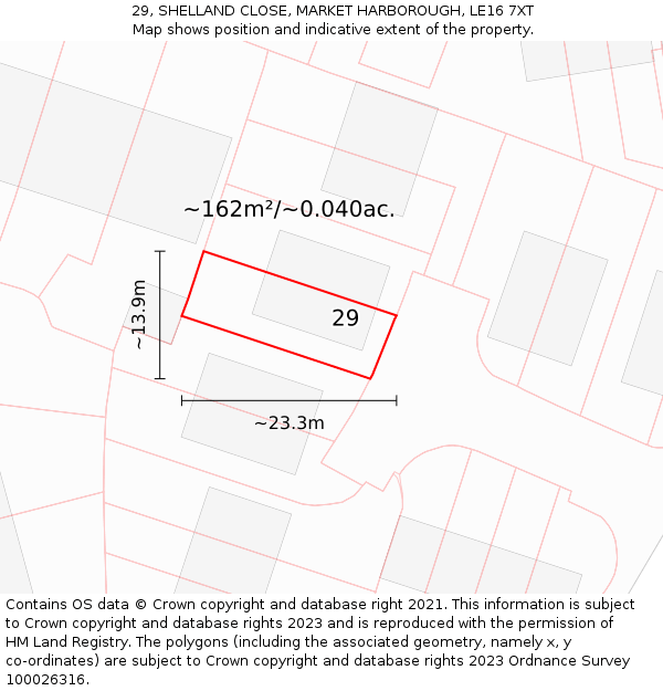 29, SHELLAND CLOSE, MARKET HARBOROUGH, LE16 7XT: Plot and title map