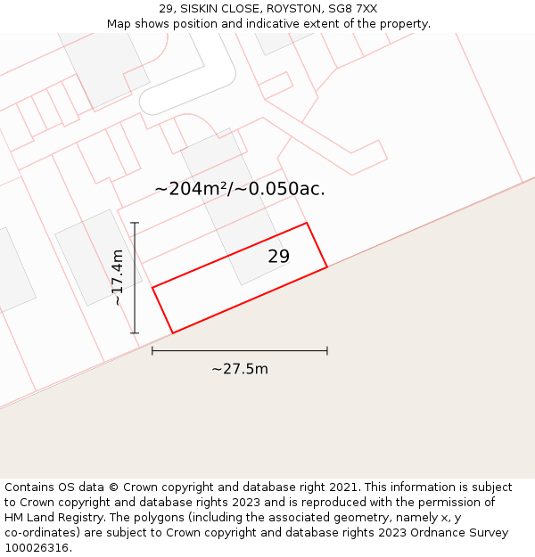 29, SISKIN CLOSE, ROYSTON, SG8 7XX: Plot and title map