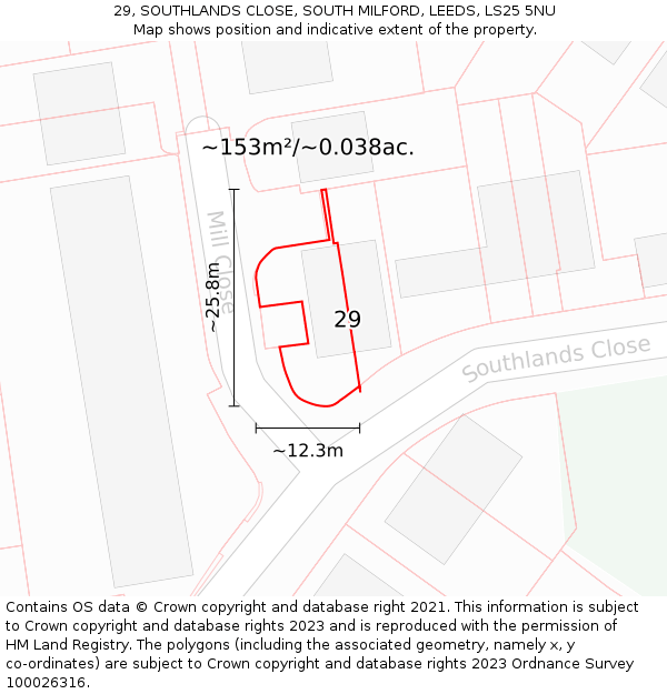 29, SOUTHLANDS CLOSE, SOUTH MILFORD, LEEDS, LS25 5NU: Plot and title map