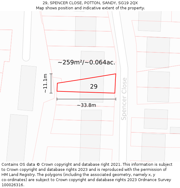 29, SPENCER CLOSE, POTTON, SANDY, SG19 2QX: Plot and title map