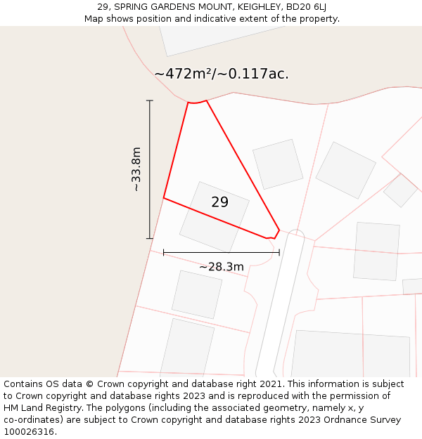 29, SPRING GARDENS MOUNT, KEIGHLEY, BD20 6LJ: Plot and title map