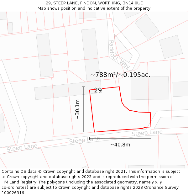 29, STEEP LANE, FINDON, WORTHING, BN14 0UE: Plot and title map