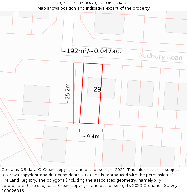 29, SUDBURY ROAD, LUTON, LU4 9HF: Plot and title map