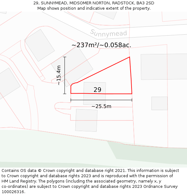 29, SUNNYMEAD, MIDSOMER NORTON, RADSTOCK, BA3 2SD: Plot and title map