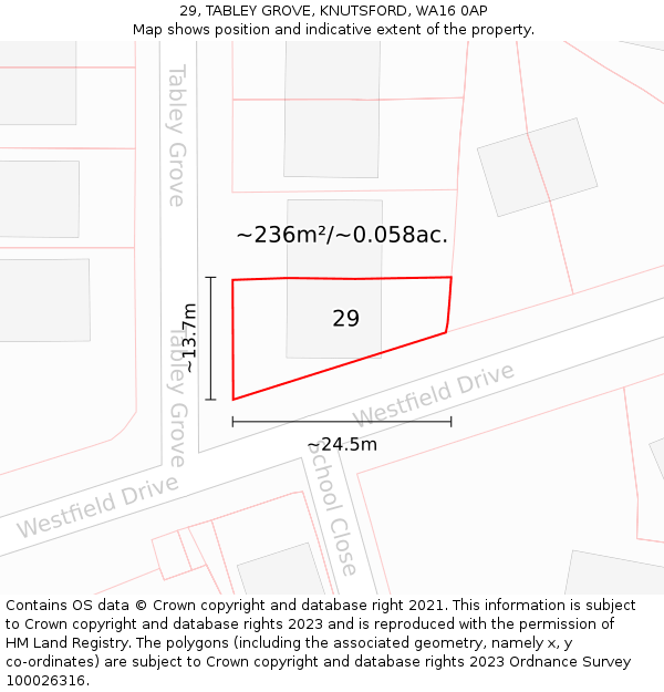 29, TABLEY GROVE, KNUTSFORD, WA16 0AP: Plot and title map