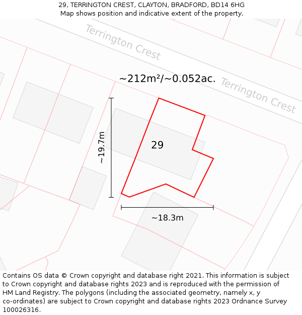 29, TERRINGTON CREST, CLAYTON, BRADFORD, BD14 6HG: Plot and title map
