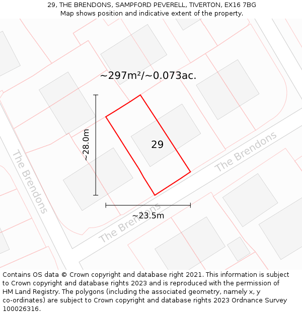 29, THE BRENDONS, SAMPFORD PEVERELL, TIVERTON, EX16 7BG: Plot and title map