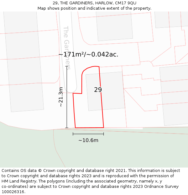 29, THE GARDINERS, HARLOW, CM17 9QU: Plot and title map