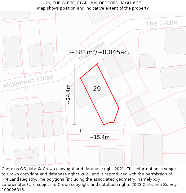 29, THE GLEBE, CLAPHAM, BEDFORD, MK41 6GB: Plot and title map