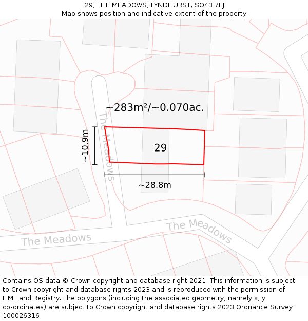 29, THE MEADOWS, LYNDHURST, SO43 7EJ: Plot and title map