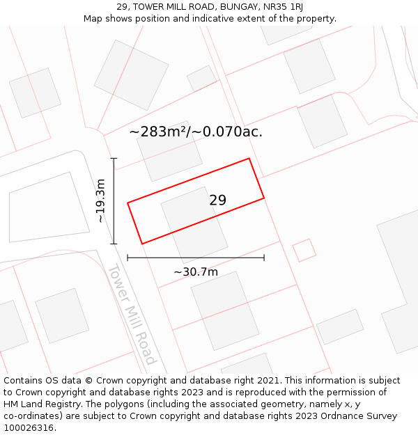 29, TOWER MILL ROAD, BUNGAY, NR35 1RJ: Plot and title map