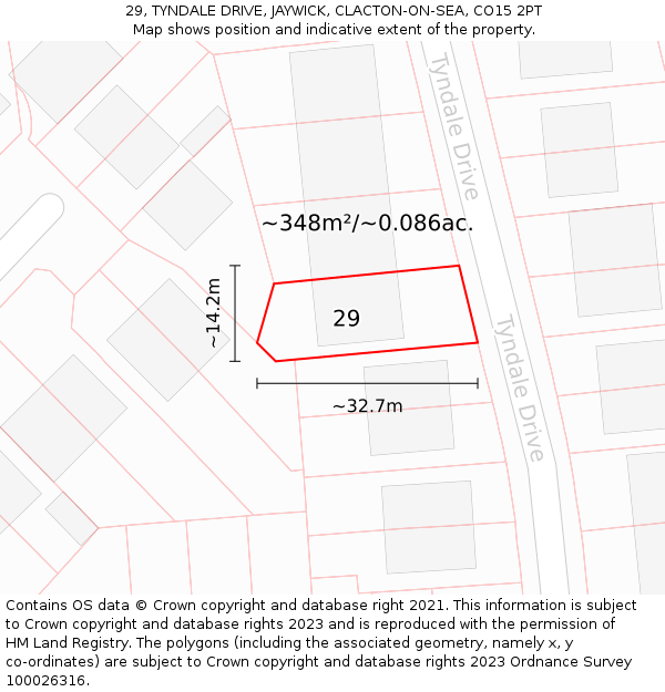 29, TYNDALE DRIVE, JAYWICK, CLACTON-ON-SEA, CO15 2PT: Plot and title map