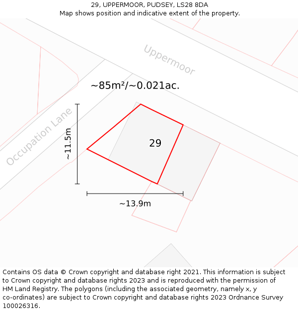 29, UPPERMOOR, PUDSEY, LS28 8DA: Plot and title map