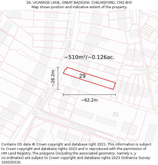 29, VICARAGE LANE, GREAT BADDOW, CHELMSFORD, CM2 8HY: Plot and title map
