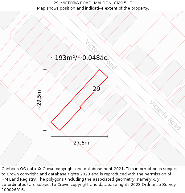 29, VICTORIA ROAD, MALDON, CM9 5HE: Plot and title map