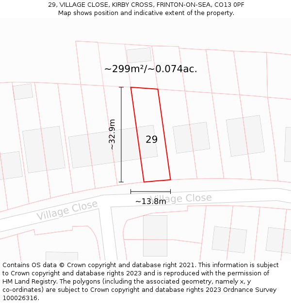 29, VILLAGE CLOSE, KIRBY CROSS, FRINTON-ON-SEA, CO13 0PF: Plot and title map