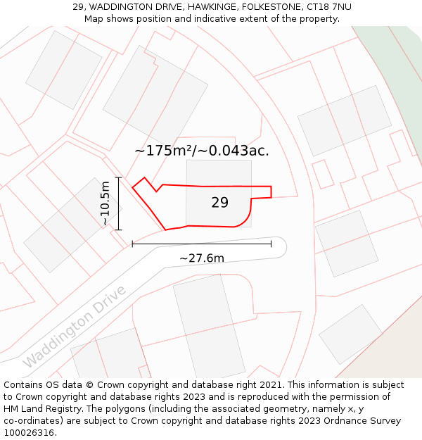 29, WADDINGTON DRIVE, HAWKINGE, FOLKESTONE, CT18 7NU: Plot and title map