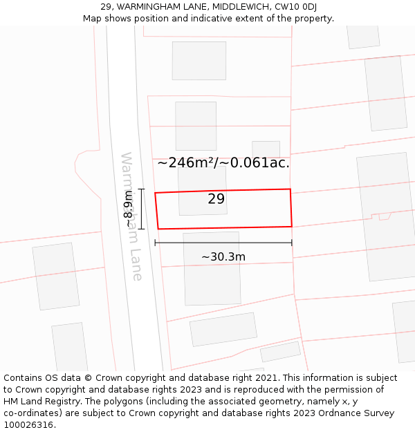 29, WARMINGHAM LANE, MIDDLEWICH, CW10 0DJ: Plot and title map