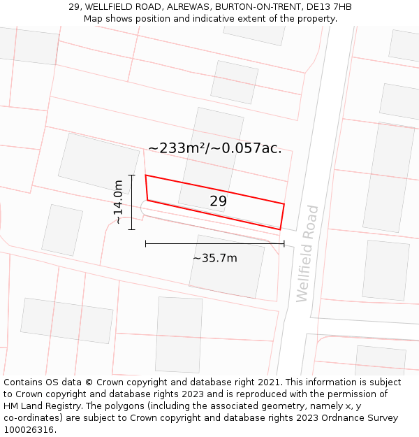 29, WELLFIELD ROAD, ALREWAS, BURTON-ON-TRENT, DE13 7HB: Plot and title map