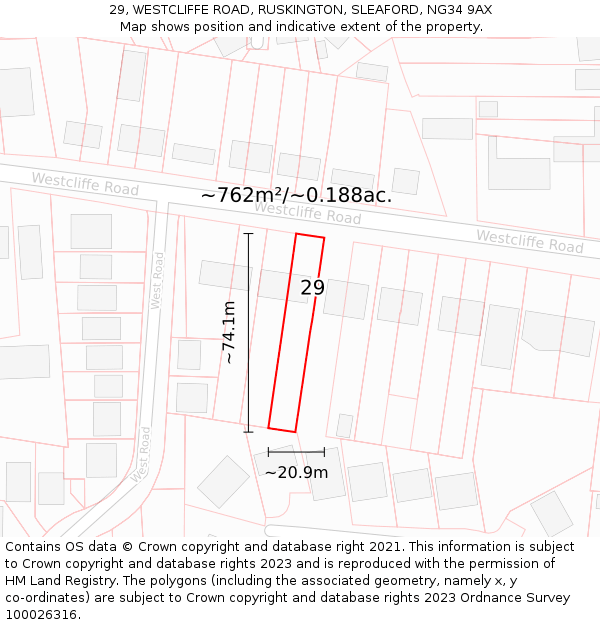 29, WESTCLIFFE ROAD, RUSKINGTON, SLEAFORD, NG34 9AX: Plot and title map