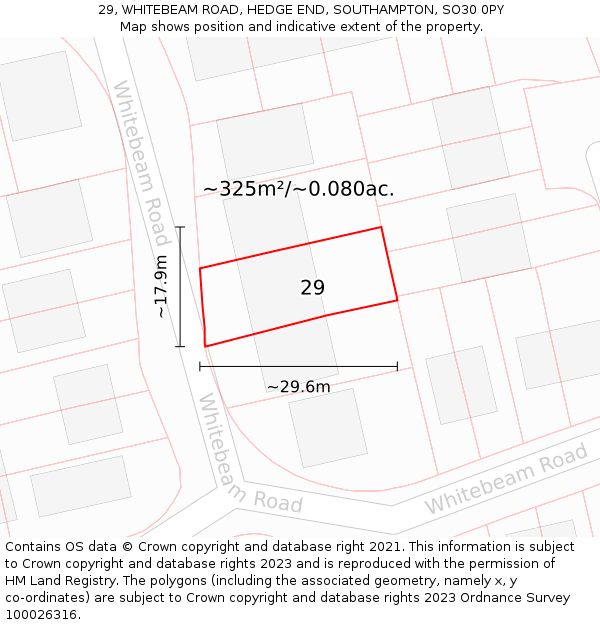 29, WHITEBEAM ROAD, HEDGE END, SOUTHAMPTON, SO30 0PY: Plot and title map