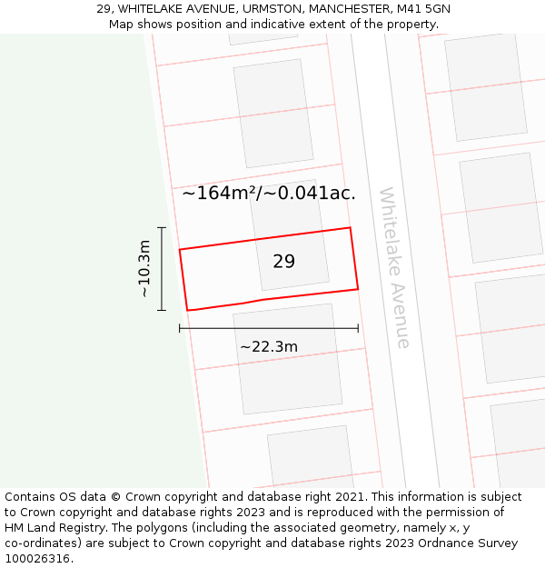 29, WHITELAKE AVENUE, URMSTON, MANCHESTER, M41 5GN: Plot and title map