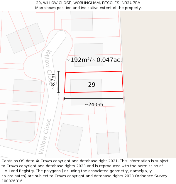 29, WILLOW CLOSE, WORLINGHAM, BECCLES, NR34 7EA: Plot and title map