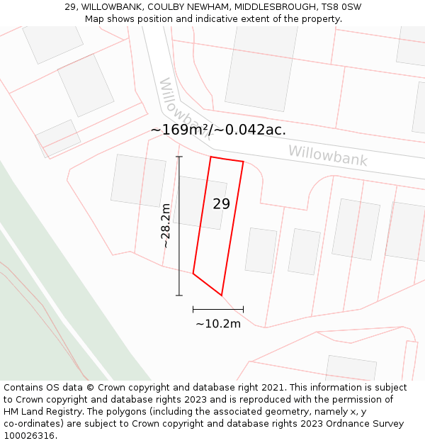 29, WILLOWBANK, COULBY NEWHAM, MIDDLESBROUGH, TS8 0SW: Plot and title map