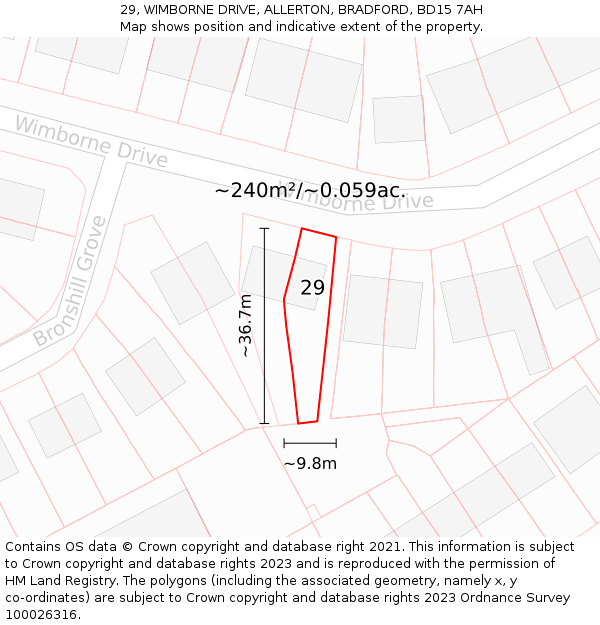 29, WIMBORNE DRIVE, ALLERTON, BRADFORD, BD15 7AH: Plot and title map