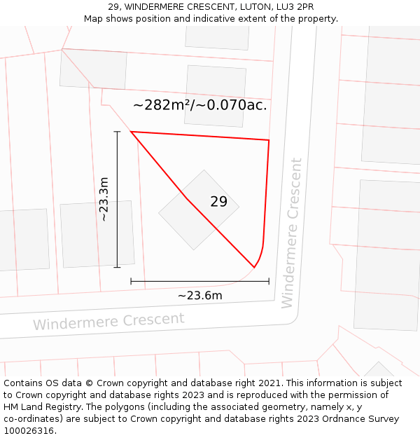 29, WINDERMERE CRESCENT, LUTON, LU3 2PR: Plot and title map