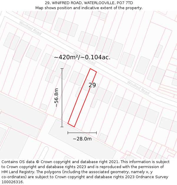 29, WINIFRED ROAD, WATERLOOVILLE, PO7 7TD: Plot and title map