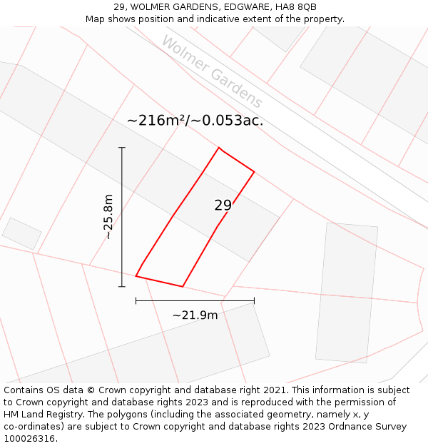 29, WOLMER GARDENS, EDGWARE, HA8 8QB: Plot and title map