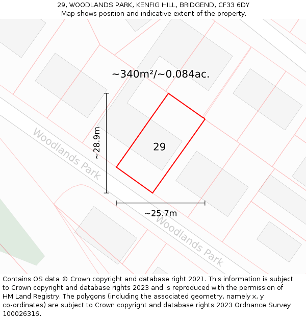 29, WOODLANDS PARK, KENFIG HILL, BRIDGEND, CF33 6DY: Plot and title map