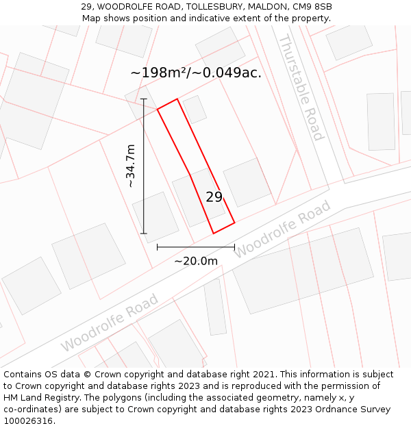 29, WOODROLFE ROAD, TOLLESBURY, MALDON, CM9 8SB: Plot and title map