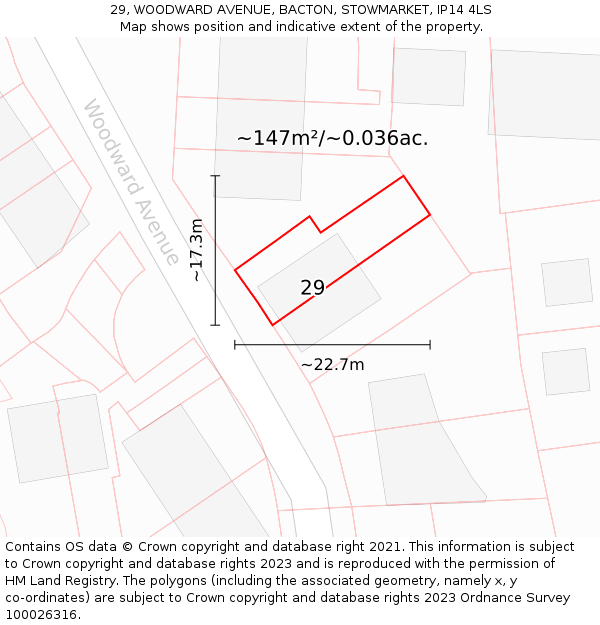 29, WOODWARD AVENUE, BACTON, STOWMARKET, IP14 4LS: Plot and title map