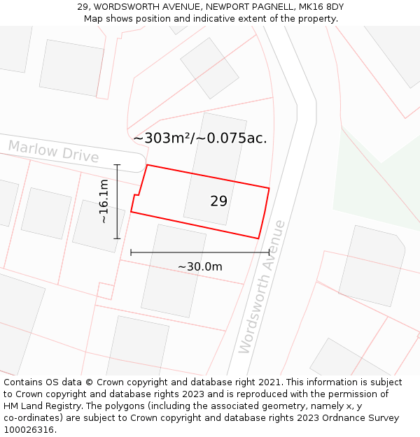 29, WORDSWORTH AVENUE, NEWPORT PAGNELL, MK16 8DY: Plot and title map