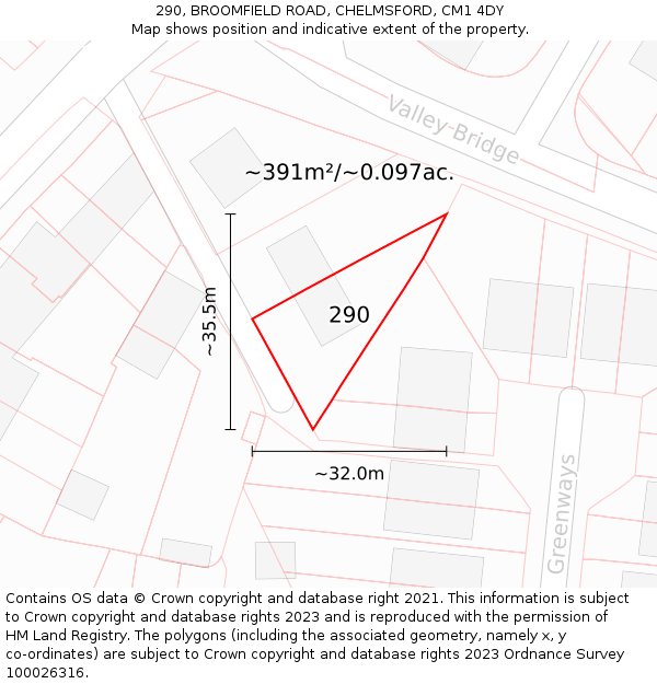 290, BROOMFIELD ROAD, CHELMSFORD, CM1 4DY: Plot and title map