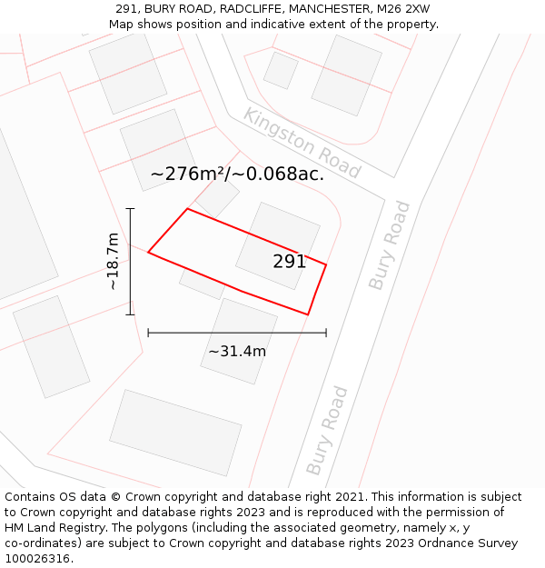 291, BURY ROAD, RADCLIFFE, MANCHESTER, M26 2XW: Plot and title map