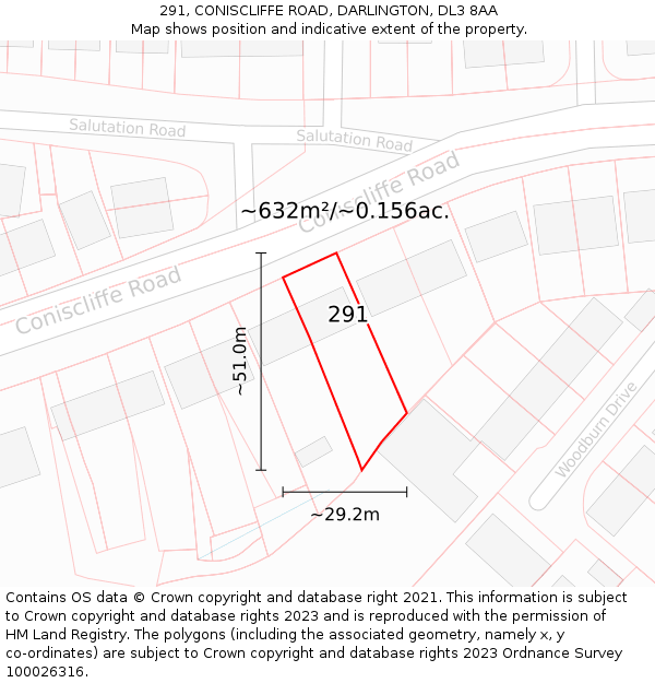 291, CONISCLIFFE ROAD, DARLINGTON, DL3 8AA: Plot and title map